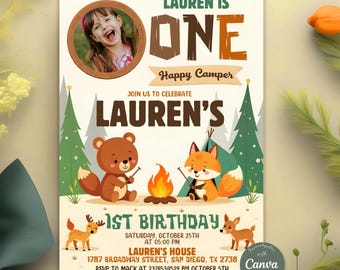 One Happy Camper Birthday Invitation, Boy First Birthday, Boy Happy camper Invitation, Camping 1st Birthday, Canva Editable Invitation