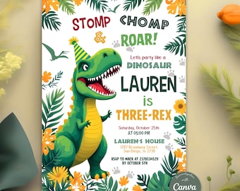 May include: A colorful dinosaur-themed birthday party invitation. The design features a green dinosaur wearing a party hat, surrounded by tropical leaves and flowers. Text includes "STOMP & CHOMP ROAR!" and party details for Lauren's third birthday.