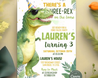 Invitación de cumpleaños de dinosaurio, invitación de cumpleaños de los tres Rex, fiesta de dinosaurios para el tercer cumpleaños de un niño, tres Rex sueltos, plantilla de invitación de los tres Rex
