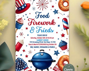 4. Juli Einladung, Unabhängigkeitstag BBQ Barbeque einladen, Party in den USA einladen, Juli Vierter Food Friend und Feuerwerk, bearbeitbare Canva