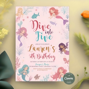 Dive Into Five Mermaid Invitation, Pink Girl Birthday Invite, Mermaid Birthday Party Invite, Mermaid Bash Under The Sea Birthday Invite