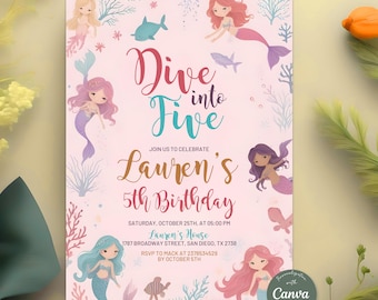 Dive Into Five Mermaid Invitation, Pink Girl Birthday Invite, Mermaid Birthday Party Invite, Mermaid Bash Under The Sea Birthday Invite