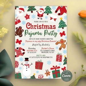 Christmas Pajama Party Invitation, Pajama Invitation, Christmas Party Invitation, Holiday Pajama Party Invite, Editable Canva Template