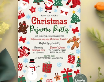 Christmas Pajama Party Invitation, Pajama Invitation, Christmas Party Invitation, Holiday Pajama Party Invite, Editable Canva Template