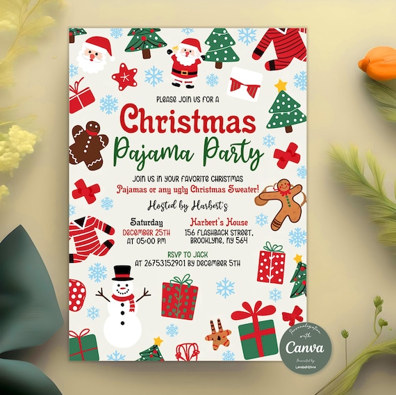 Christmas Pajama Party Invitation, Pajama Invitation, Christmas Party Invitation, Holiday Pajama Party Invite, Editable Canva Template