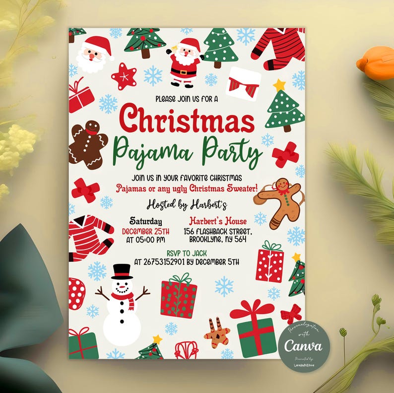 Christmas Pajama Party Invitation, Pajama Invitation, Christmas Party Invitation, Holiday Pajama Party Invite, Editable Canva Template