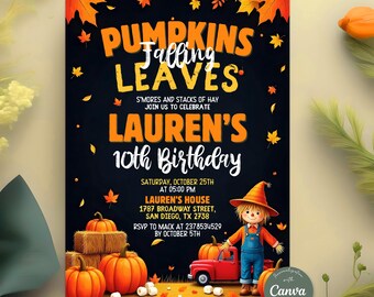 Autumn Birthday Invitation, Pumpkin Haystack Party Invite, Fall Scarecrow Red Truck Birthday, Harvest Festival Editable Canva Template