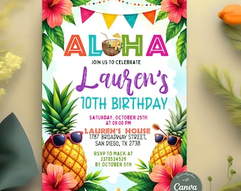Tropical Birthday Invitation, Hawaiian Pineapple Birthday Invitation, Luau Invitation, Aloha Party Invite, Pineapple Invite, Editable Canva