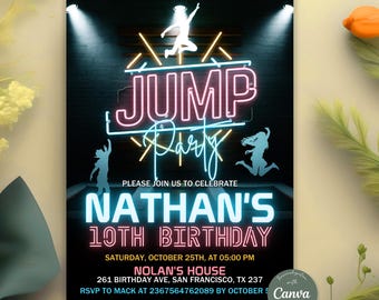 Editable Jump Birthday Party Invitation, Neon Jump Birthday Party, Jump Trampoline Party, Girls Birthday Party Invite, Let's Jump Party