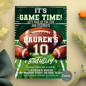 Football-Geburtstagseinladung, American Football-Spielzeit-Party einladen, Sportfeier, Touchdown-Einladung, bearbeitbare Canva-Vorlage