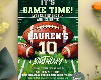 Football Birthday Invitation, American Football Game Time Party Invite, Sports Celebration,Touchdown Invitation, Editable Canva Template