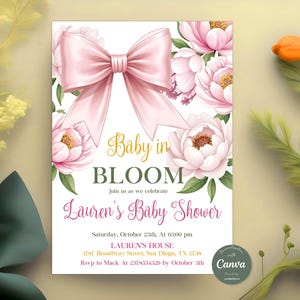 Baby in Bloom Baby Shower Invitation, Pink Bow Baby in Bloom Baby Shower Invite Template, Coquette Baby Girl Pink Ribbon, Wildflower Invite