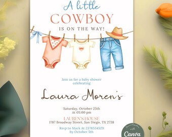 Editable Cowboy Baby Shower Invitation, Western Theme Baby Shower Invite, Watercolor Cowboy Clothesline Digital Download, Canva Template