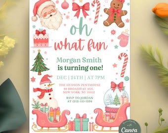Puede incluir: Una invitación con temática navideña con ilustraciones de Papá Noel, un hombre de jengibre y un muñeco de nieve. La invitación incluye el texto "oh what fun" y los detalles de la fiesta de cumpleaños de Morgan Smith.