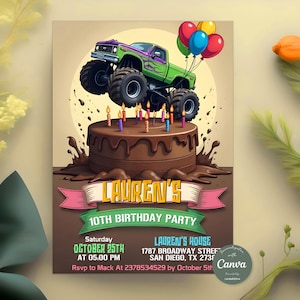 Editable Monster Truck Birthday Invitation, Monster Jam Birthday Party Invitation, Boy Monster Truck Invite, Digital 5x7 Invitation Template