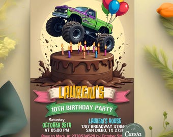 Editable Monster Truck Birthday Invitation, Monster Jam Birthday Party Invitation, Boy Monster Truck Invite, Digital 5x7 Invitation Template
