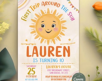 First Trip Around The Sun Birthday Invitation, First Birthday Invitation, Sunshine Boho Invitation, 1st Birthday Invitation