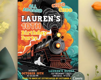 Train Birthday Invitation, Chugga Chugga Choo Choo Train Party Invite, Any Age, Instant Download, Editable Canva Template