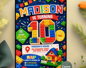 Building Block 10th Birthday Invitation, Building Bricks Party Invite, Colorful Brick Birthday Party, Editable Canva Template