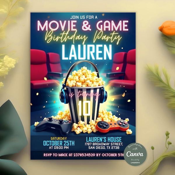 Può includere: Invito di compleanno a tema cinema e giochi, con un secchio di popcorn, cuffie e controller. L'invito è per "LAUREN" e include data, ora e luogo: 25 ottobre alle 21:00 a San Diego, TX.