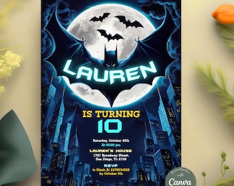 Superhero Birthday Invitation, Bat Party Invite, Superhero Digital Invitation, Superhero Boys Birthday Party Invitation, Canva Template