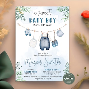 Invito modificabile per baby shower, invito per baby shower con vestitini per neonati, un dolce neonato è in arrivo Bucato Blu Verde