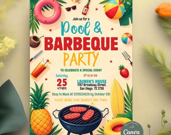 Pool & BBQ Party Invitation, Summer Pool Party Invite, Tropical Barbecue Birthday, Editable Canva Template