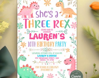 Editable Pastel Dinosaur Birthday Invitation, Girl’s Three Rex Dino Party Invite, Cute Pink Dino Template Digital Download, Canva Template