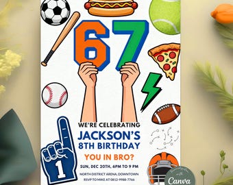 Plantilla de invitación de cumpleaños Six Seven, invitación para fiesta de memes Six Seven, temática deportiva para niño, tendencia viral divertida, archivo Canva editable, descarga digital