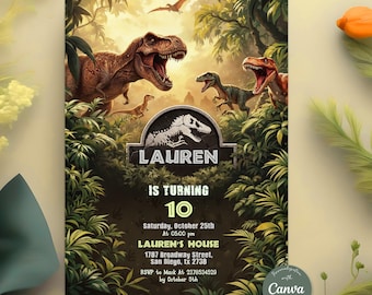 Invito modificabile a tema dinosauro, invito per festa di compleanno a tema dinosauro, invito a tema mondo dei dinosauri, invito per festa a tema T-Rex, invito per compleanno Jurassic 1°, 3° e 5°.