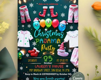 Christmas Pajama Party Invitation, Holiday Pajama Party Invite, Xmas Sleepover Birthday Invitation, Editable Canva Template