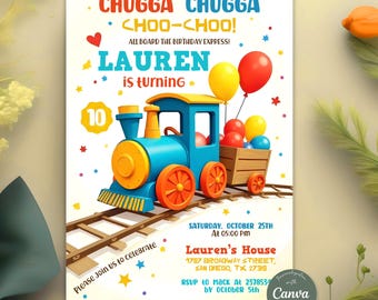 Editable Train Birthday Invitation Template, Chugga Chugga Choo Choo Train Party Invite For Any Age, DIY Printable Invitation Canva Template