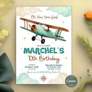 Time Flies 1st Birthday Invitation, Airplane Birthday Invitation, Boy Airplane Party Invite, Kid Birthday Invite, Editable Canva Template