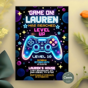 Video Game Birthday Invitation, Neon Game On Level Up Gaming Birthday Party Invitation, Glow Game Party Invitation, Editable Canva Template