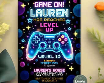 Video Game Birthday Invitation, Neon Game On Level Up Gaming Birthday Party Invitation, Glow Game Party Invitation, Editable Canva Template