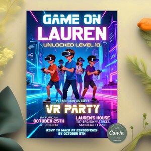 May include: A vibrant invitation for a VR party, featuring the text "GAME ON LAUREN" and "VR PARTY". The design includes illustrations of children wearing VR headsets and holding controllers, set against a futuristic cityscape with neon lights. Details include the date, time, and location.