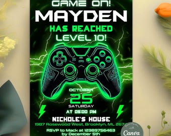 Video Game Birthday Party Invitation, Level Up Birthday Invite, Arcade Party Invitation, Neon Glow Invite, Glow Video Gamer, Editable Canva