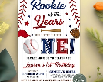 Baseball First Birthday Invitation, Rookie of the Year Invite, Baseball Birthday Party Invitation, Sports Invite, Digital Editable Printable