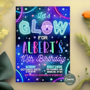 Bearbeitbare Glow Party-Geburtstags-Einladung, Neon-Geburtstags-Einladung, Neon-Glow-Party, Neonlichter, Jungen- oder Mädchen-Einladung, Glow-Einladung