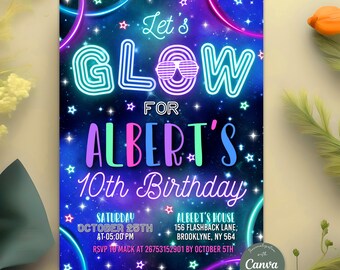 Editable Glow Party Birthday Invitation, Neon Birthday Invite, Neon Glow Party, Neon Lights, Boy or Girl Invitation, Glow Invitation