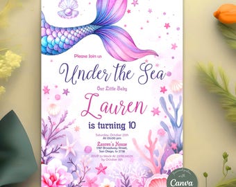 Mermaid Geburtstagseinladung, Mermaid Bash unter dem Meer Geburtstag einladen, Mermaid lädt ein, bearbeitbare Canva Vorlage