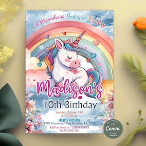 Unicorn Rainbow Girl’s Birthday Party Digital Invitation Template, Pink Unicorn Invite, Printable Digital Woman Electronic Party Invite