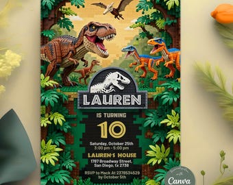 Dinosaur Birthday Invitation, Bricks World Party Invite, T-Rex Jurassic Bday, Building Blocks Theme, Boy Birthday, Editable Canva Template