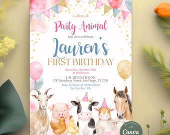 Farm Animals 1st Birthday Invitation, Barnyard Party Editable Template, Pink Ranch Party Animals, Cow Horse Sheep Invite, Digital Download