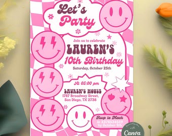 Editable Pink Retro Smiley Birthday Invitation, Preppy Pink Party Invite, Groovy Party, Wavy Checkered Tween Girl, Canva Template