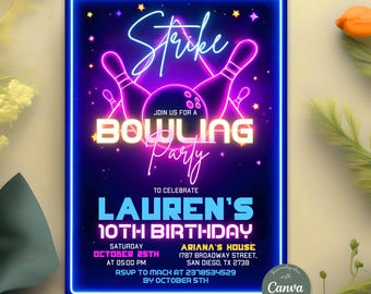 Editable Bowling Birthday Invitation, Glow Bowling Invitation, Neon Bowling Party, Boy Bowling Invite, Glow Invite, Strike Up Some Fun