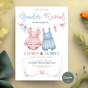 May include: A gender reveal party invitation with a pink and blue baby outfit hanging on a clothesline. The invitation says "Gender Reveal" in honor of parents to be Lauren & Aubrey. The party is on Saturday, October 25th at 2:00 pm at Lauren's House, 1787 Broadway Street, San Diego, TX 2738. RSVP to Mack at 2378334239 by October 5th.