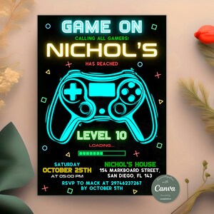 Editable Neon Game On Level Up Gaming Birthday Party Invitation, Video Game Birthday Invitation, Glow Game Party Printable Canva Template