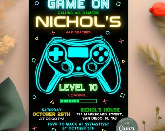 Editable Neon Game On Level Up Gaming Birthday Party Invitation, Video Game Birthday Invitation, Glow Game Party Printable Canva Template