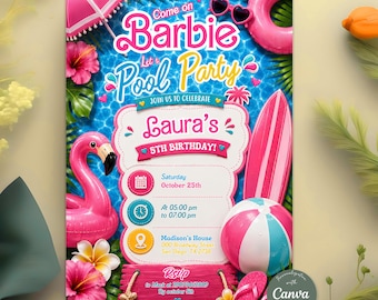 Pink Doll Birthday Invitation, Pool Party Invite, Fashion Doll Theme, Girls Summer Splash Invitation, Editable Canva Template